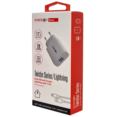 מטען בית ENERGY Twister 12W Lightning 1.5M Cable